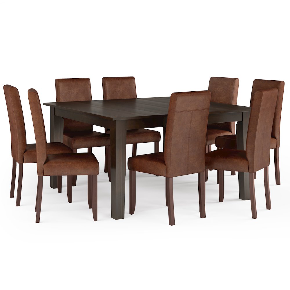 Acadian Solid Hardwood 9 Piece Dining Set In Distressed Saddle Brown. Picture 1