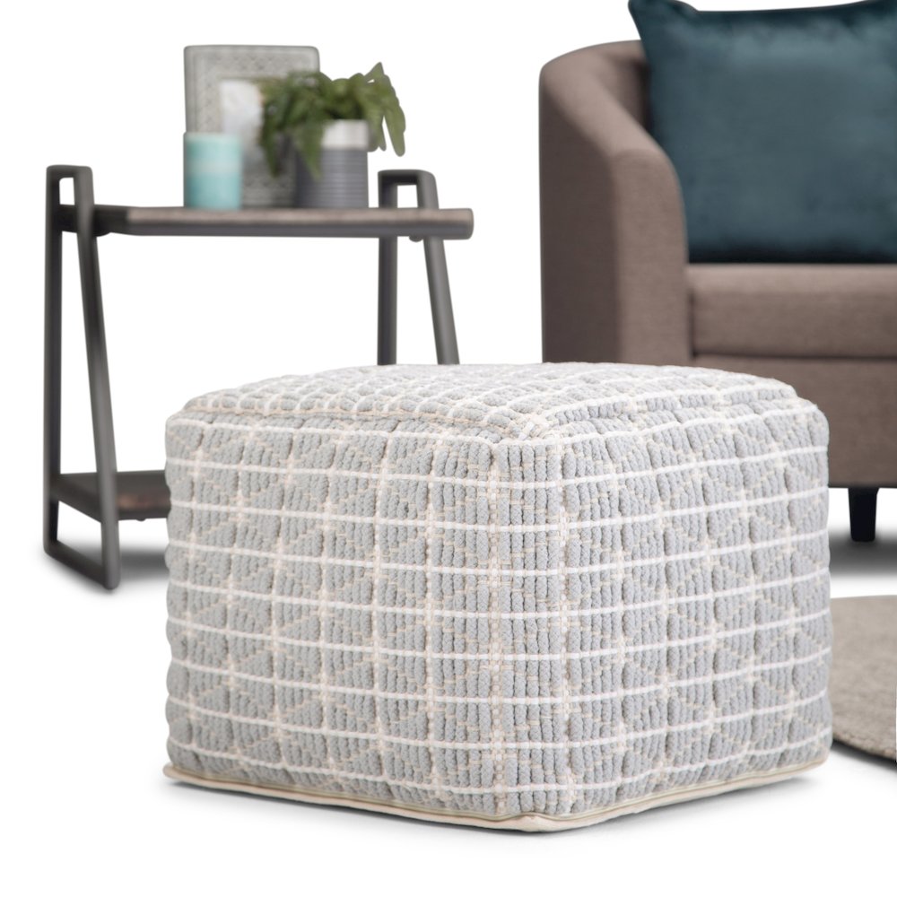 Noreen Square Pouf In Light Blue, White Handloom Woven Pattern. Picture 5