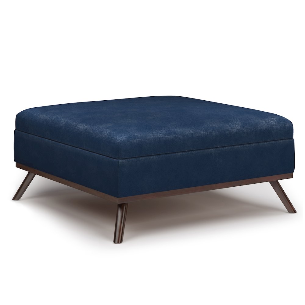 Coffee Table Storage Ottoman In Distressed Dark Blue Vegan Faux Leather. Picture 1