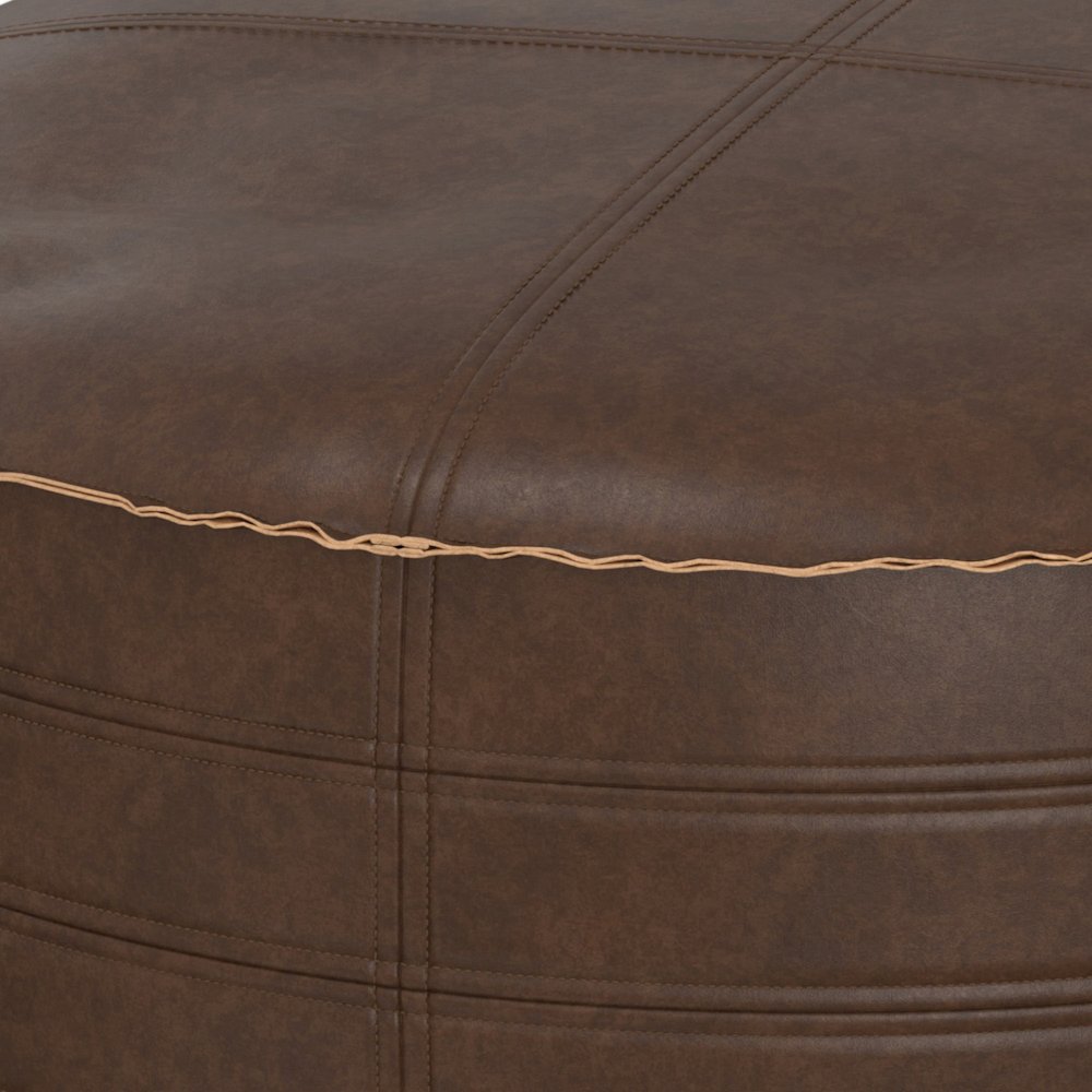 Round Coffee Table Pouf In Distressed Dark Brown Vegan Faux Leather. Picture 2
