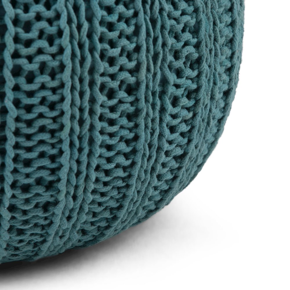 Shelby Hand Knit Round Pouf In Teal Cotton. Picture 3