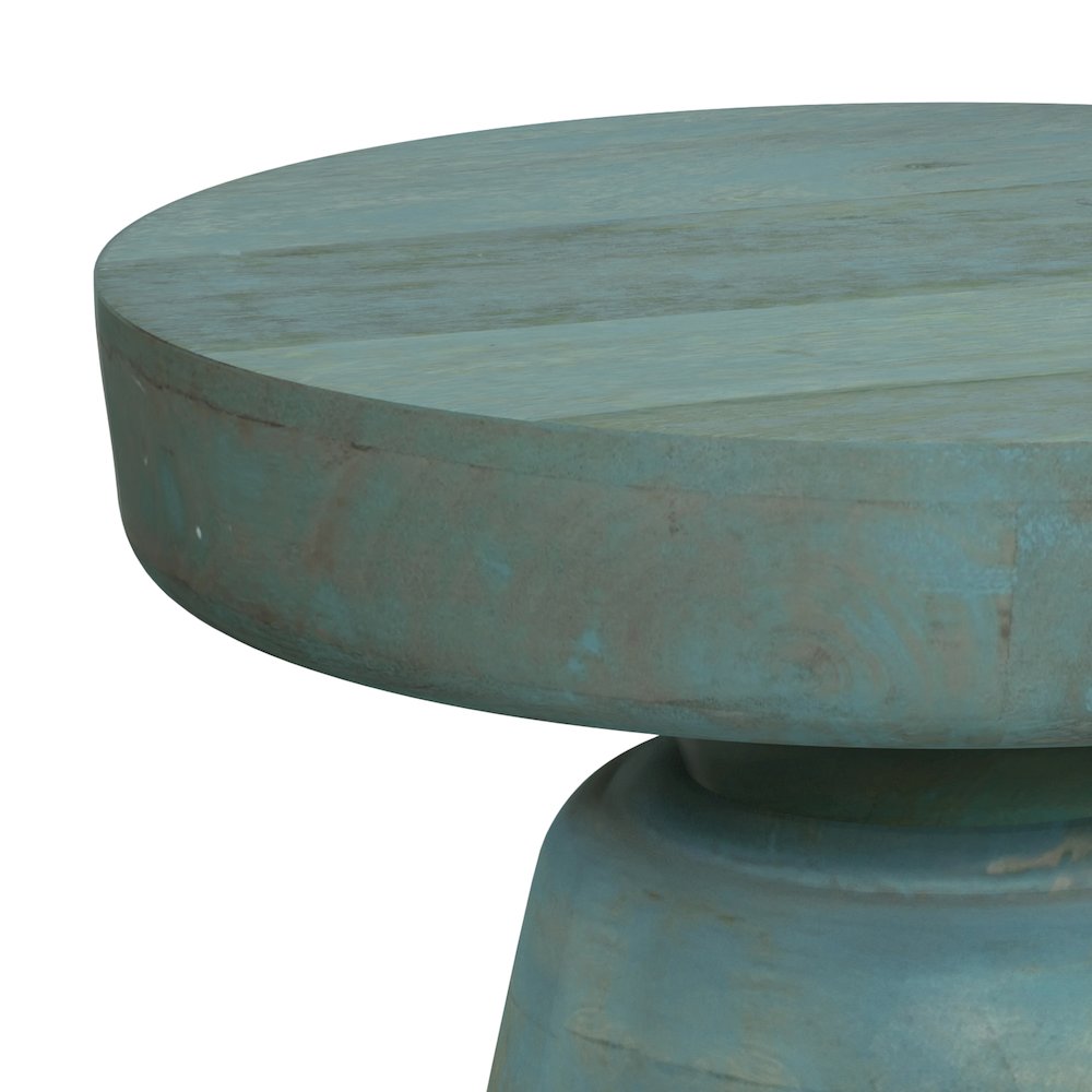 16 inch Wide Round Boho Contemporary Rustic Accent Table in Teal Wash. Picture 4