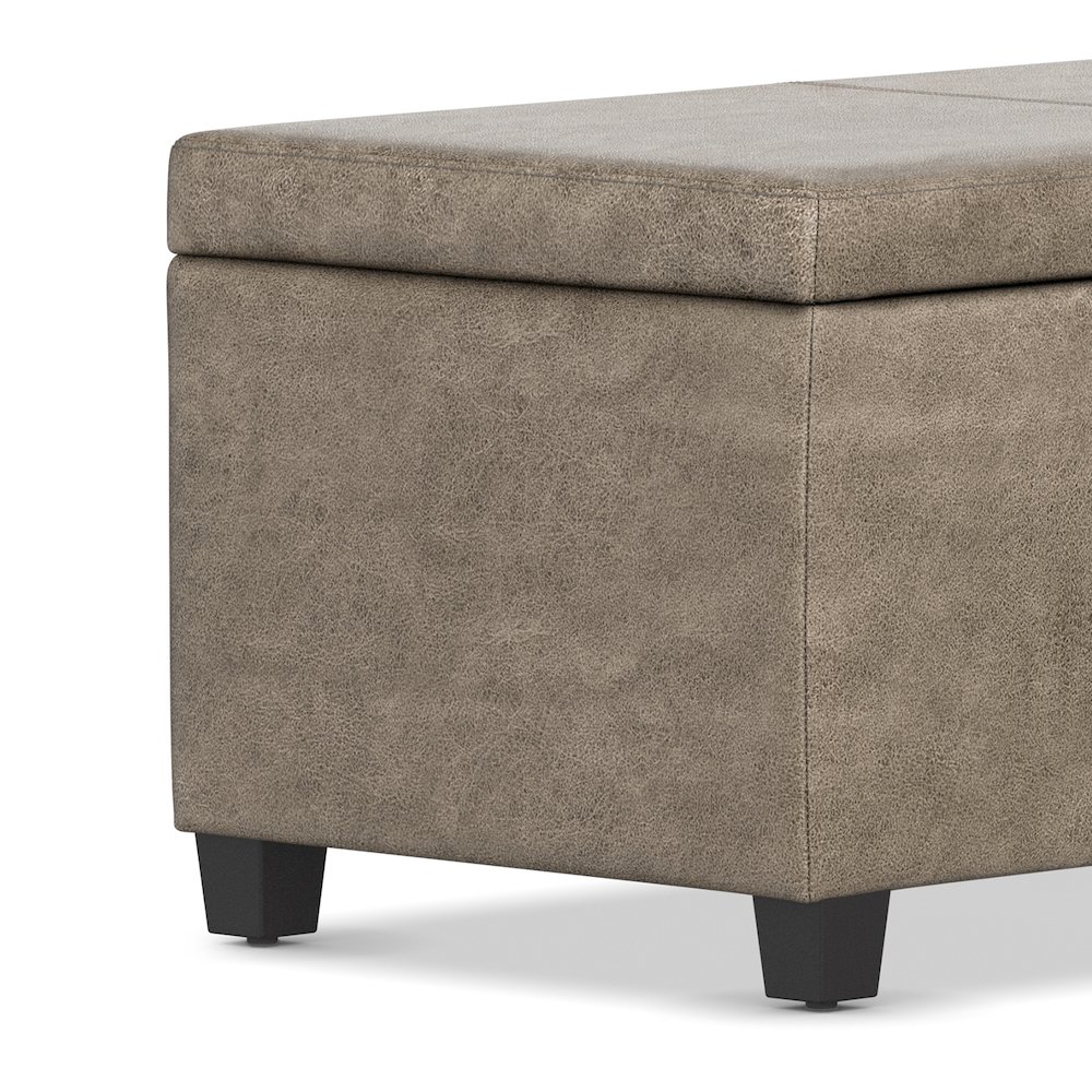 48 inch Wide Storage Ottoman Bench in Distressed Smoky Grey Brown Vegan Leather. Picture 3