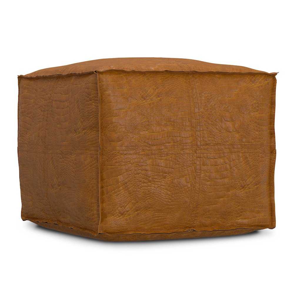 Brody 18 inch Wide Boho Square Pouf in Tan Genuine Leather. Picture 2