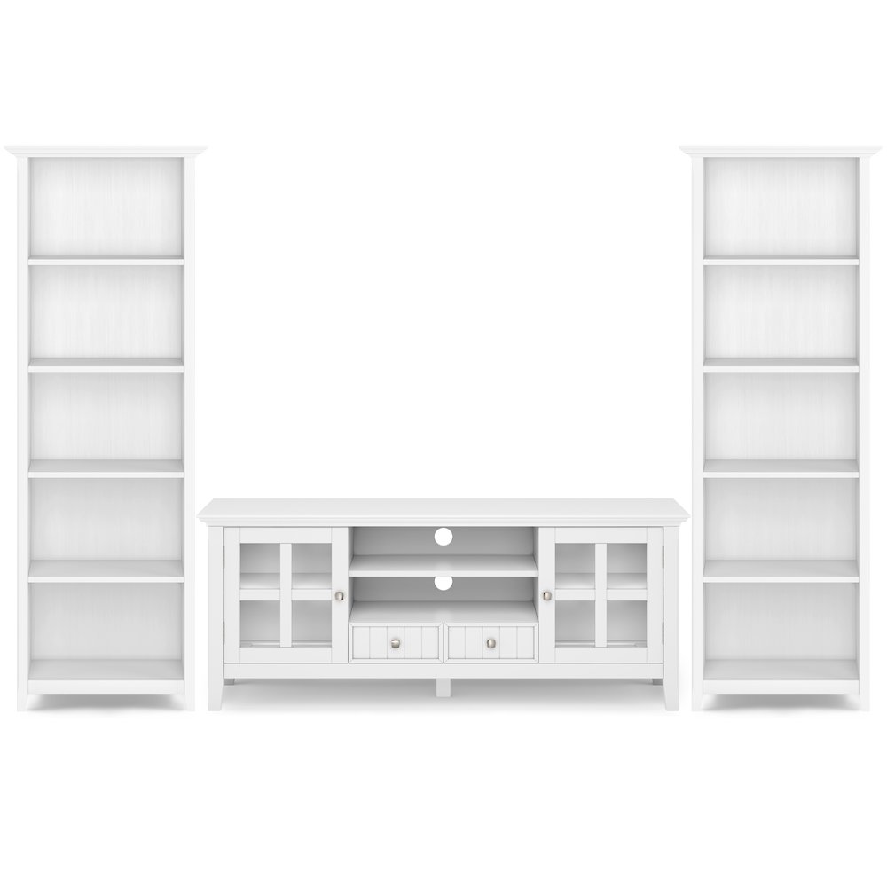 60"W TV Stand with Two 26"W 5 Shelf Bookcases in White (Set of 3). Picture 1
