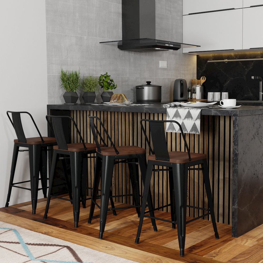 24 Inch Metal / Wood Counter Height Stool (Set Of 4) In Black. Picture 5