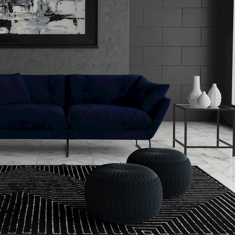 Grafton Velvet Round Pouf in Dark Blue Velvet Fabric. Picture 6