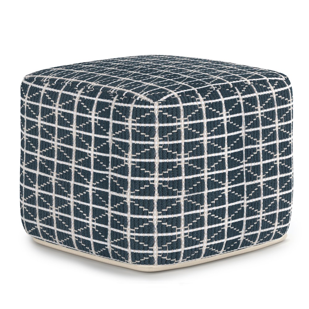 Noreen Square Pouf In Dark Blue And White Handloom Woven Pattern. Picture 1
