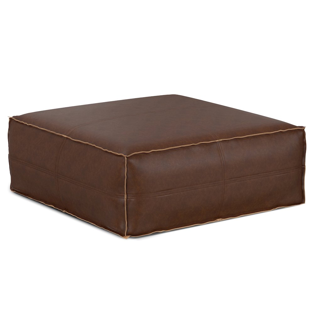Brody Extra Large Coffee Table Pouf In Distressed Dark Brown Vegan Faux Leather. Picture 1