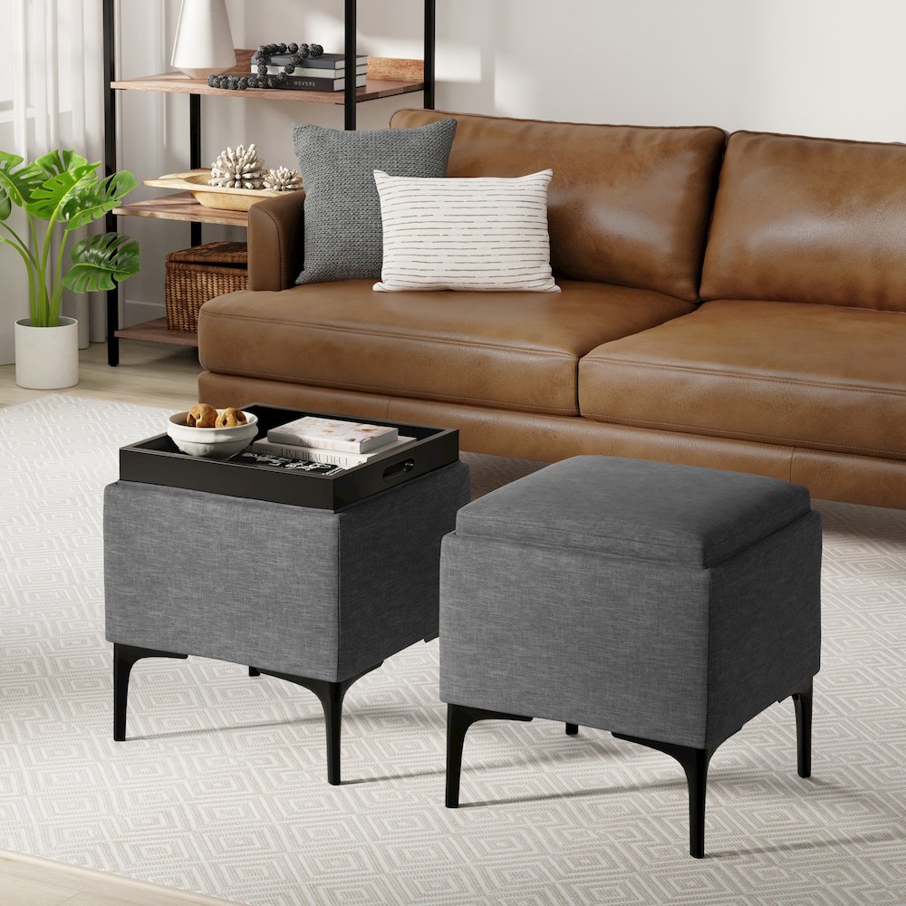 Natasha Storage Ottoman With Tray In Slate Grey Polyester Linen. Picture 5