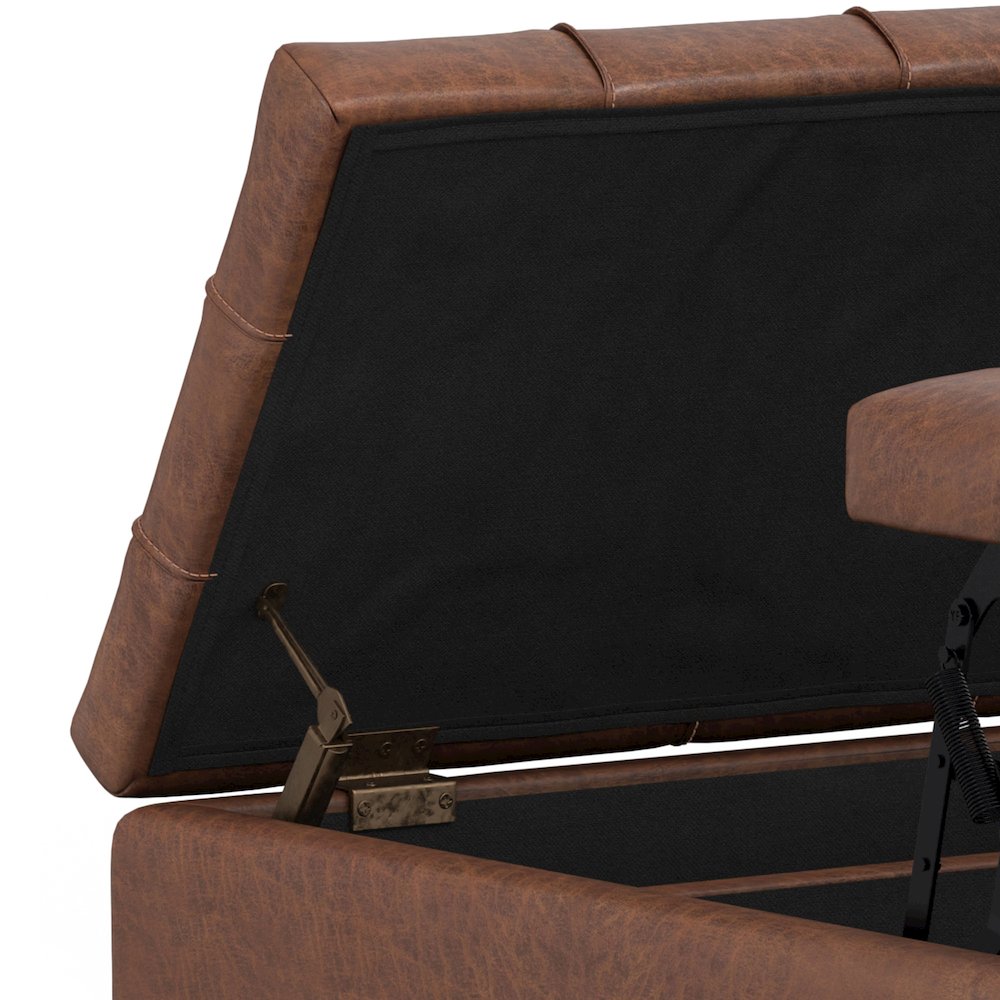 Laura Mid Century Lift Top Storage Ottoman in Distressed Saddle Brown. Picture 10