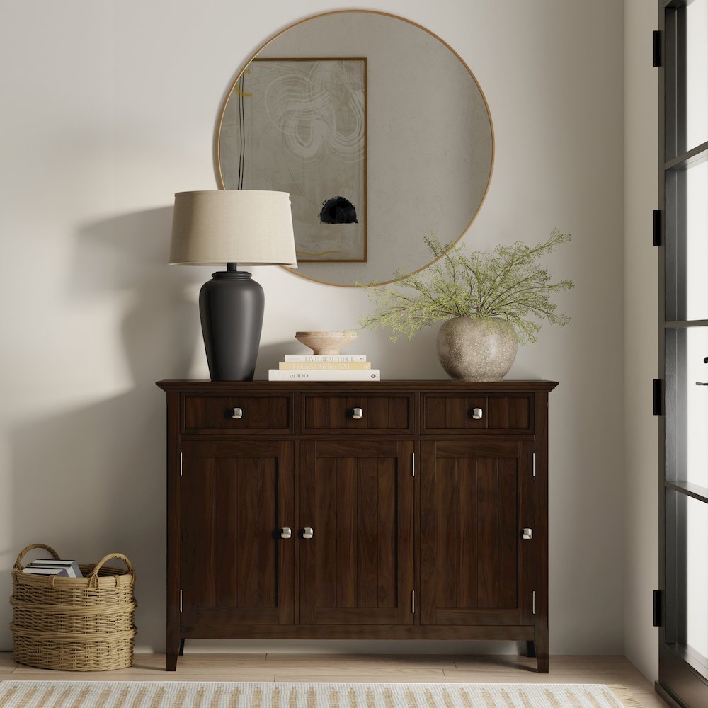 Acadian Solid Wood Wide Entryway Storage Cabinet In Brunette Brown. Picture 5