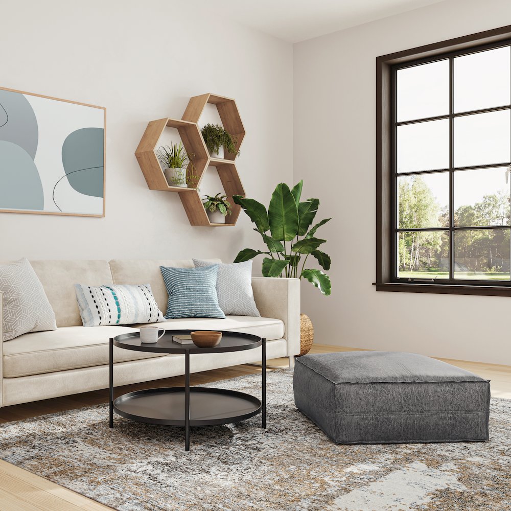 Brody Large Square Coffee Table Pouf In Distressed Black Vegan Faux Leather. Picture 5