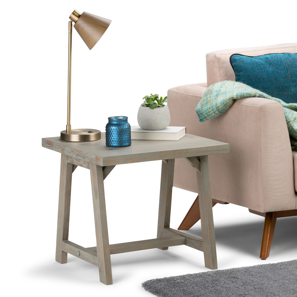Sawhorse Solid Wood End Table In Distressed Grey. Picture 5