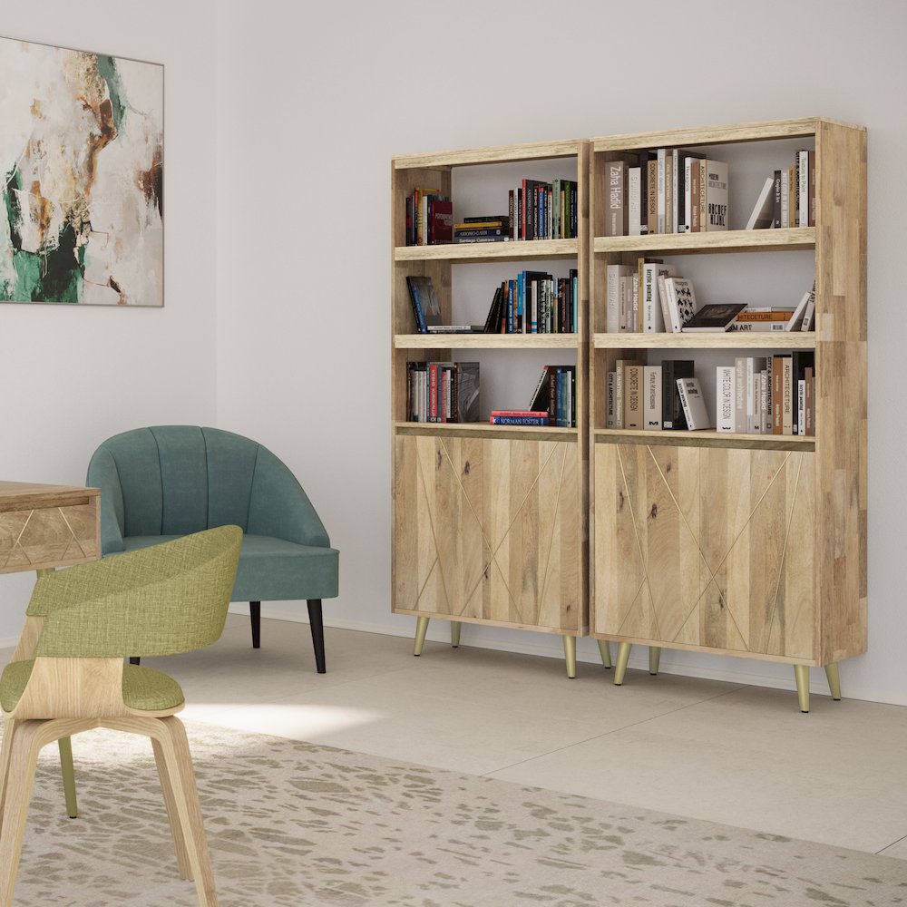 Jager Solid Mango Wood Bookshelf With Doors In Natural. Picture 5