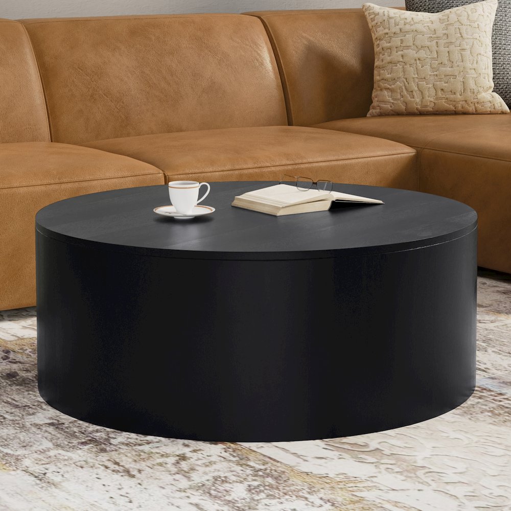 Solid Mango Wood 36 Inch Wide Round Contemporary Drum Coffee Table In Black. Picture 6