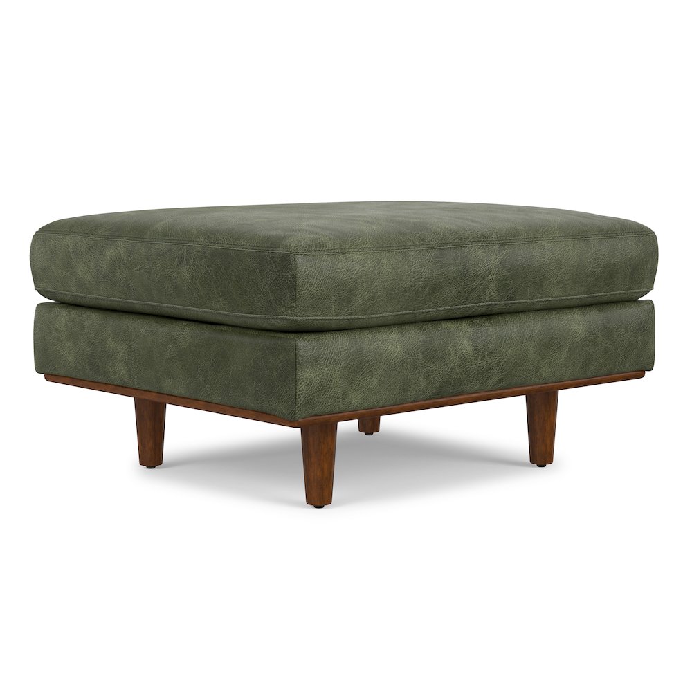 33 Inch Wide Mid-Century Modern Table Ottoman In Moss Green Genuine Leather. Picture 2