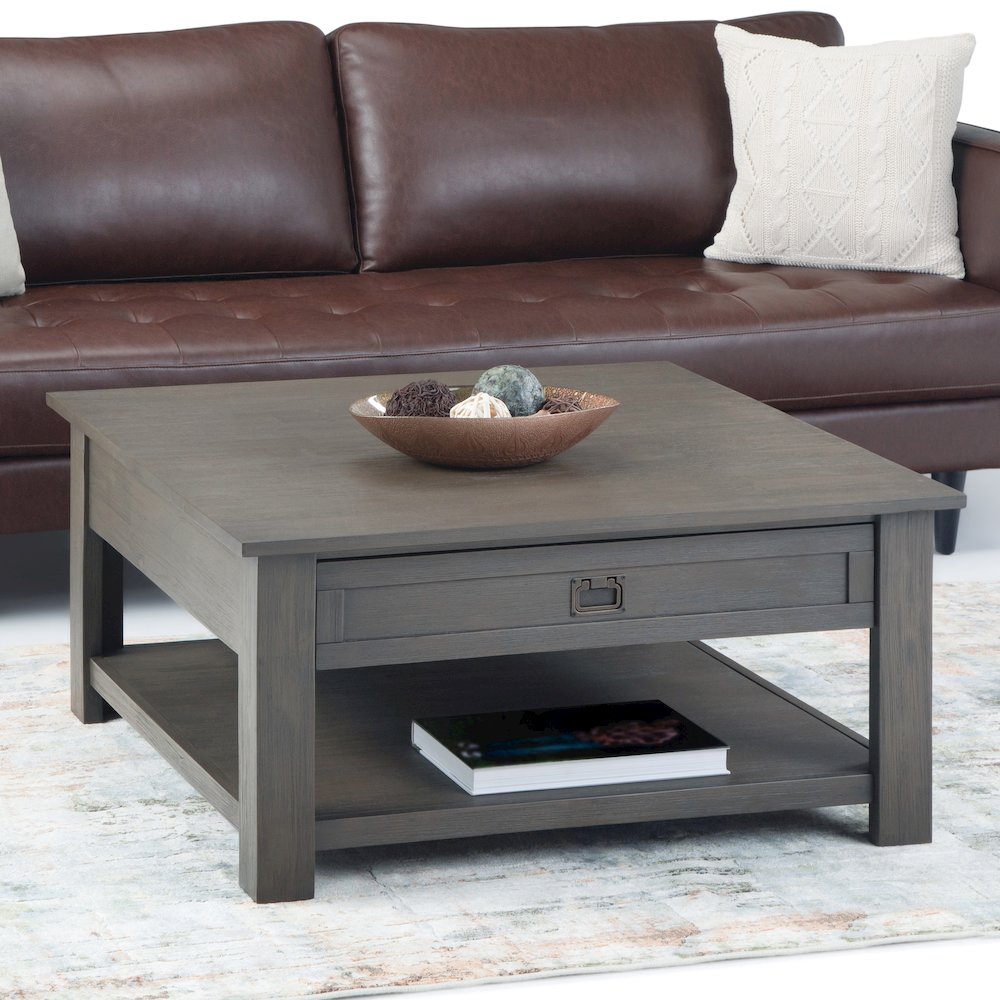 Monroe Solid Acacia Wood Square Coffee Table In Farmhouse Grey. Picture 5