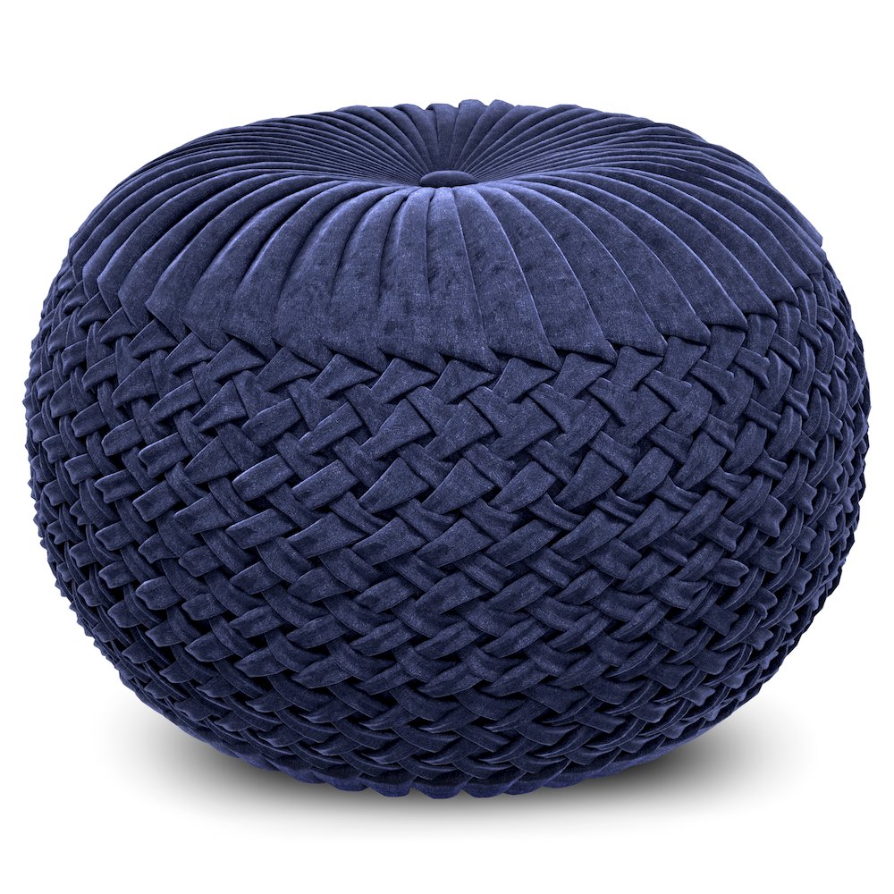 Grafton Velvet Round Pouf in Dark Blue Velvet Fabric. Picture 1