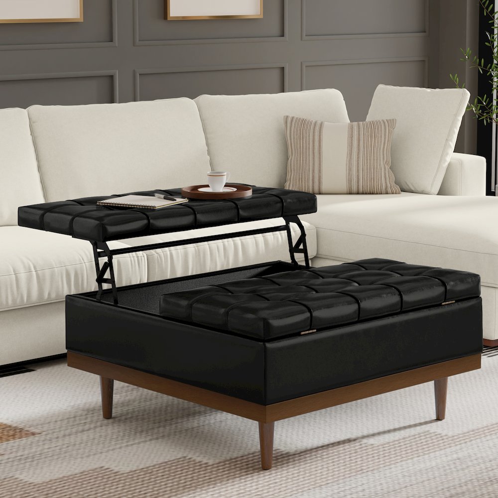 Mariah Lift Top Table Storage Ottoman in Midnight Black PU Black faux leather. Picture 2