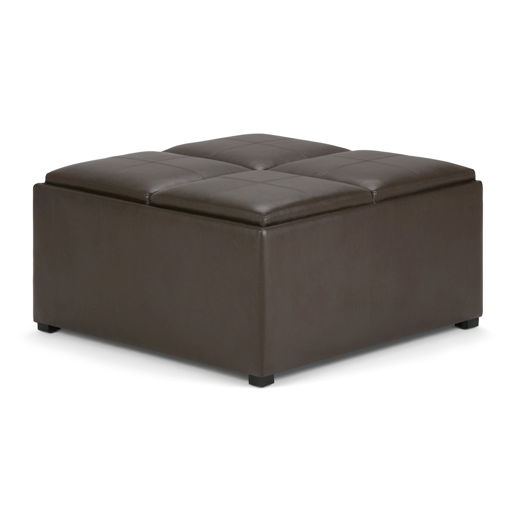 Avalon Square Coffee Table Storage Ottoman In Chocolate Brown Vegan Faux Leather. Picture 1
