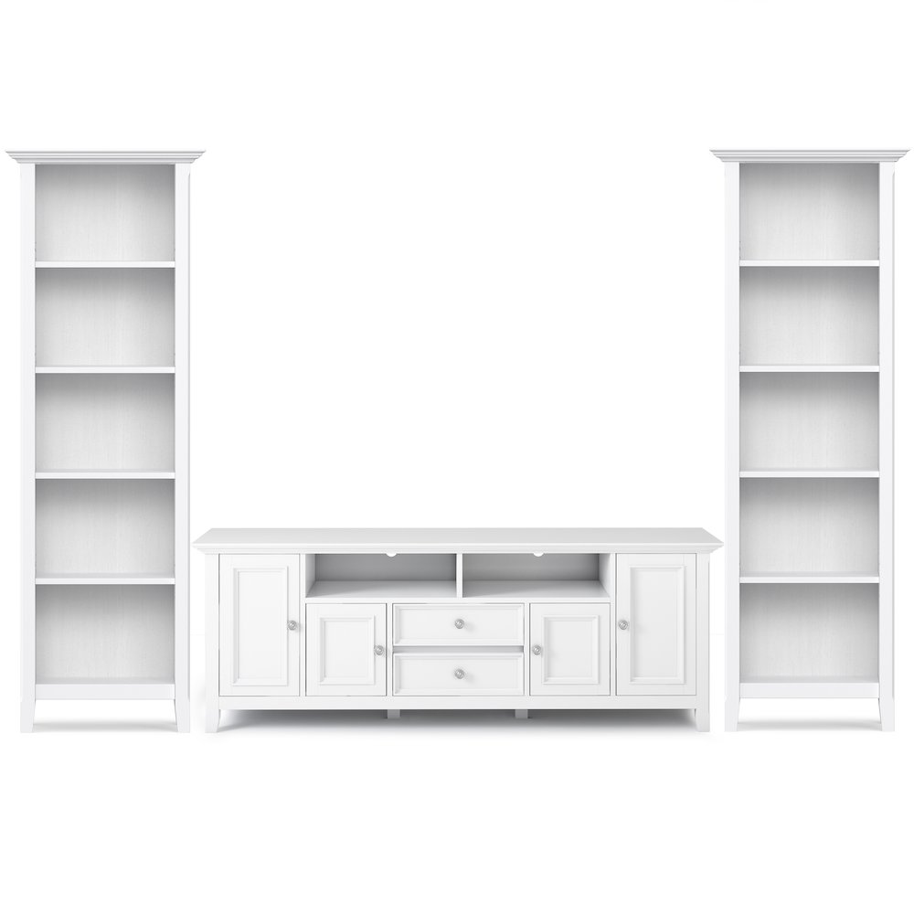 72"W TV Stand with Two 24"W 5 Shelf Bookcases in White (Set of 3). Picture 1