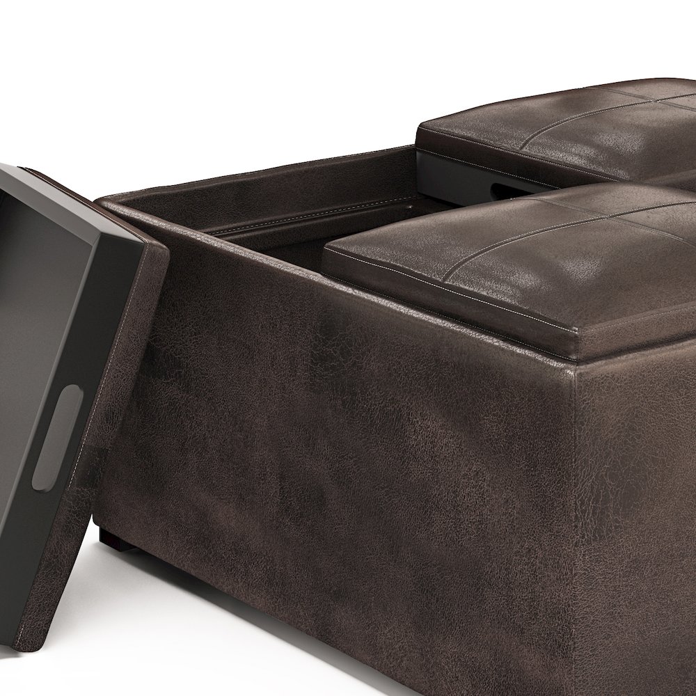 Coffee Table Storage Ottoman In Distressed Brown Vegan Faux Leather. Picture 3