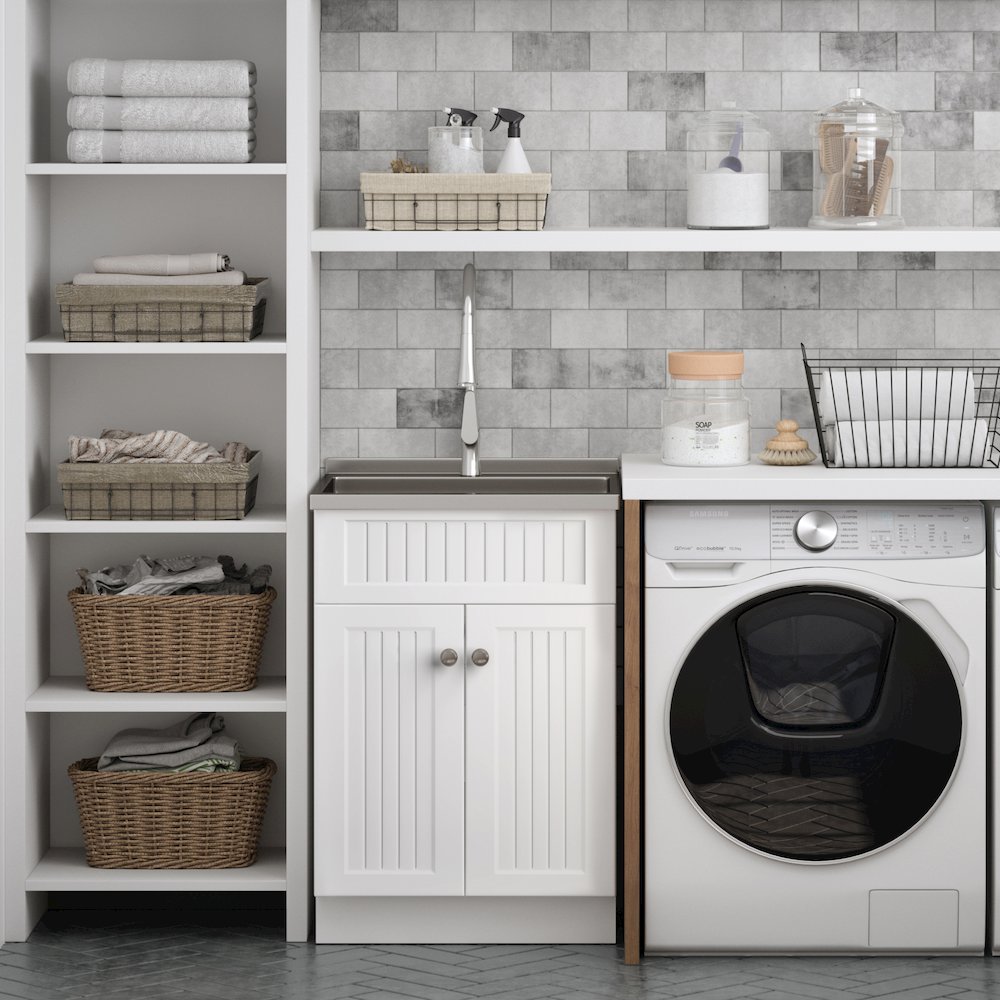 Beckham 24 Inch Laundry Cabinet With Faucet And Stainless Steel Sink In White. Picture 5