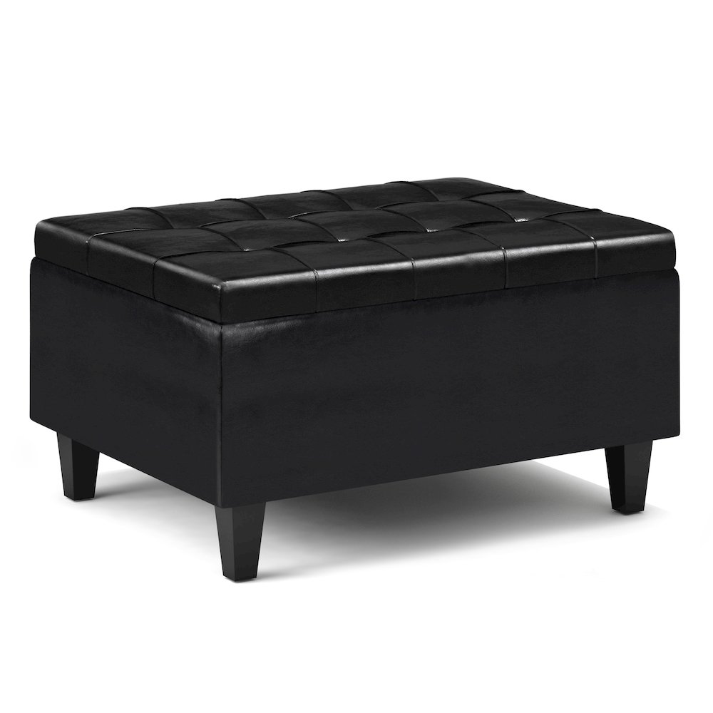 Harrison Small Coffee Table Storage Ottoman In Midnight Black Faux Leather. Picture 1