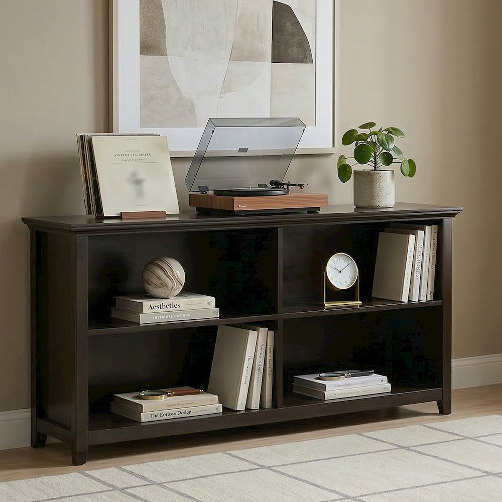 Amherst 64 inch Wide Solid Wood Transitional 4 Shelf Low Bookcase in Black. Picture 2