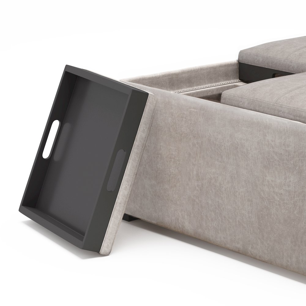 Square Coffee Table Storage Ottoman In Distressed Grey Taupe Vegan Faux Leather. Picture 2