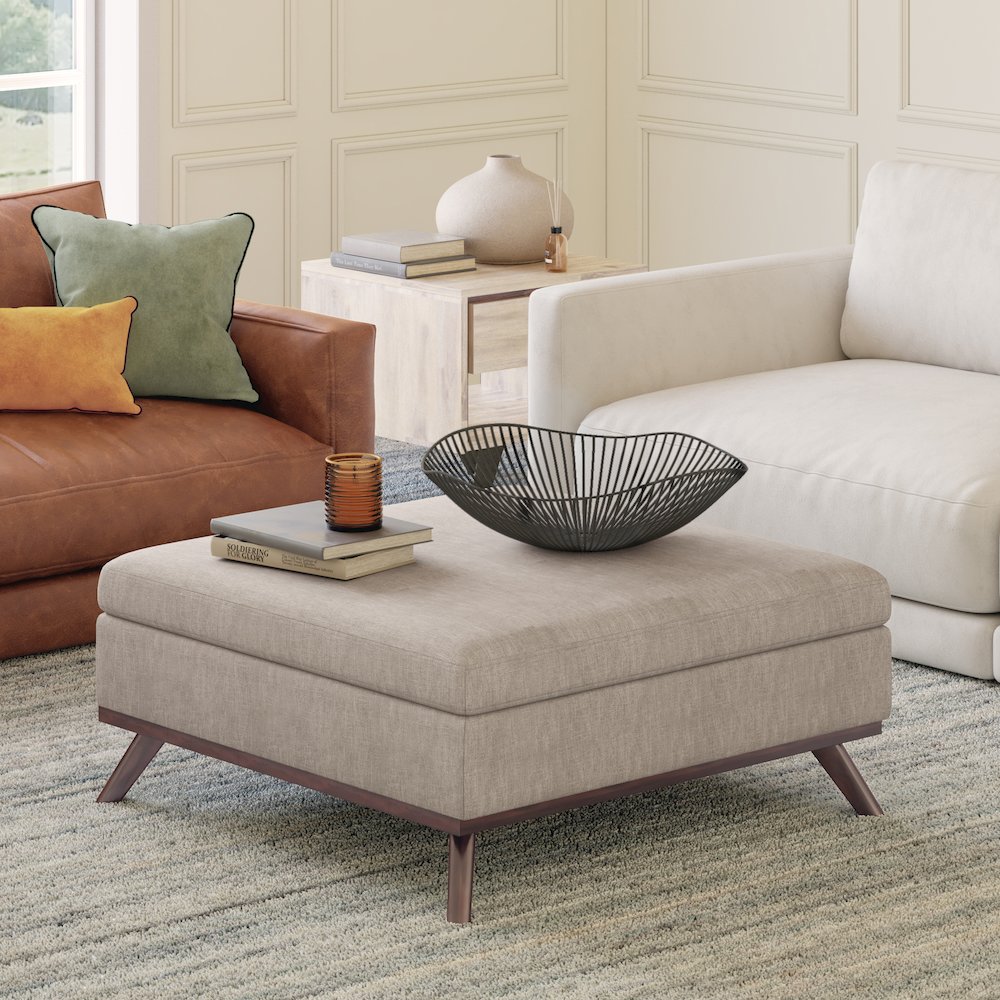 Owen Square Coffee Table Storage Ottoman In Natural Polyester Fabric. Picture 5