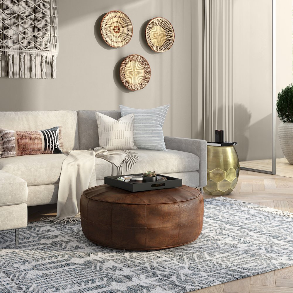 Connor 34 Inch Round Coffee Table Pouf In Distressed Brown Genuine Leather. Picture 5