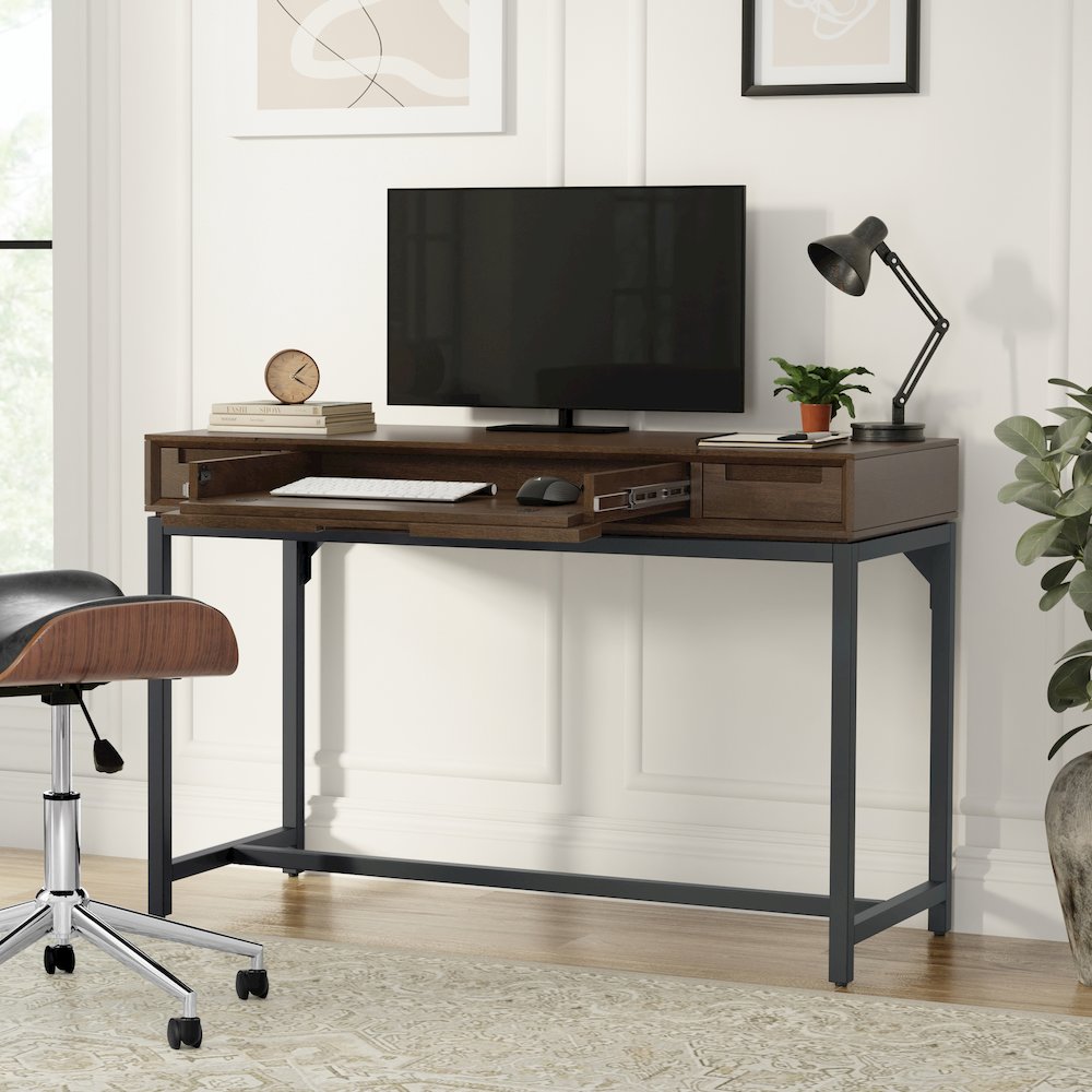 Banting SOLID HARDWOOD Mid Century Small Desk in Walnut Brown. Picture 2