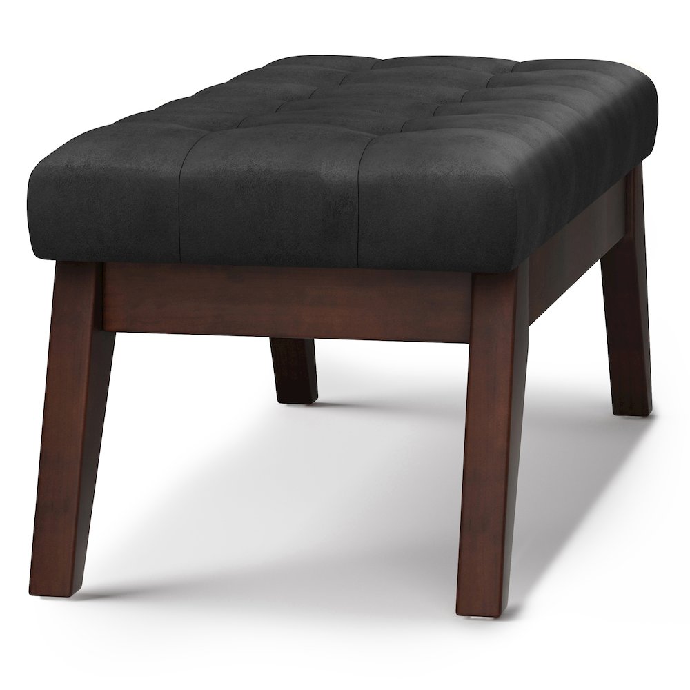 Draper Solid Wood Mid Century Tufted Ottoman Bench In Distressed Black. Picture 3