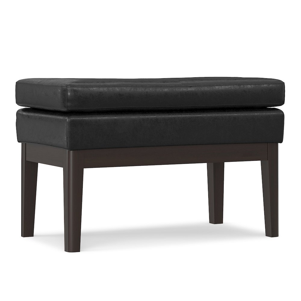 Mid Century Small Ottoman Bench In Distressed Black Vegan Faux Leather. Picture 1