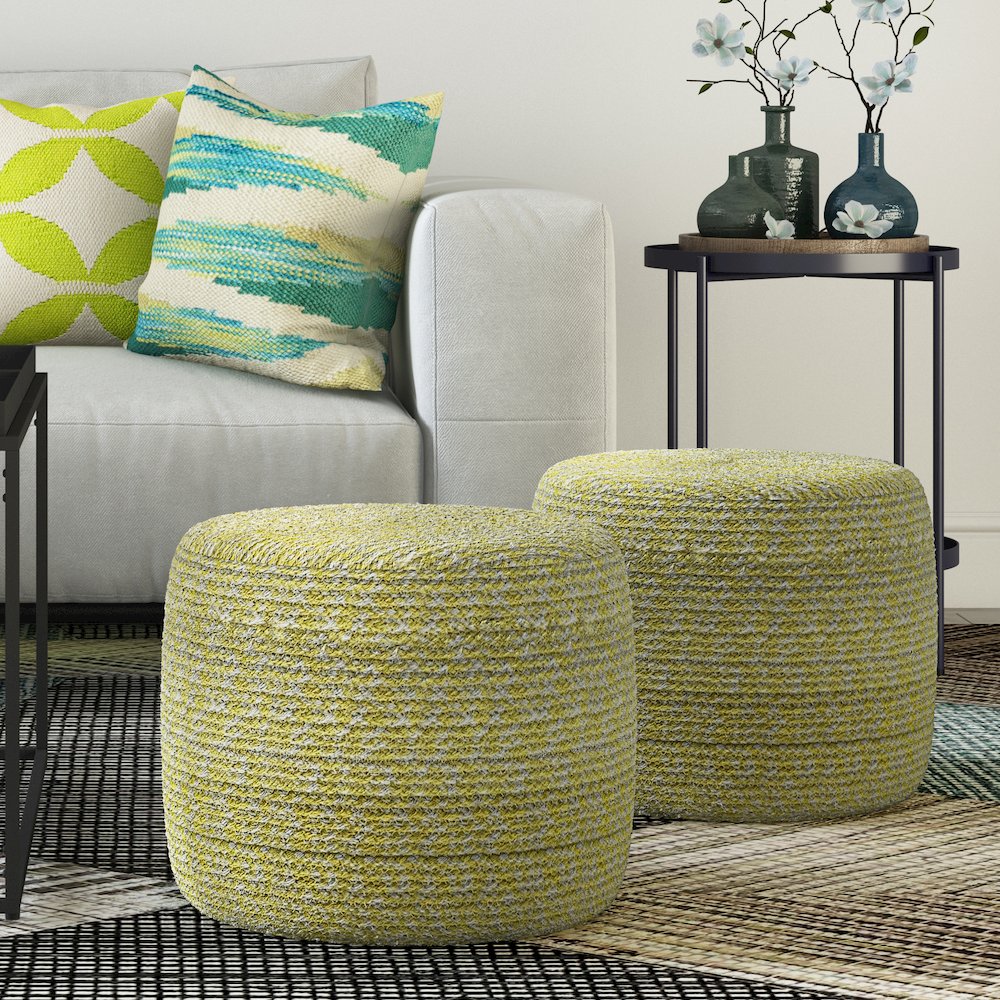 Bayley Transitional Round Braided Pouf In Muted Yellow And Natural Cotton. Picture 5