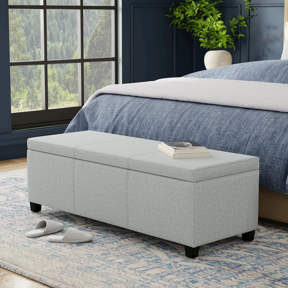 48 inch Wide Storage Ottoman Bench in Light Stone Grey Linen Look Fabric. Picture 6
