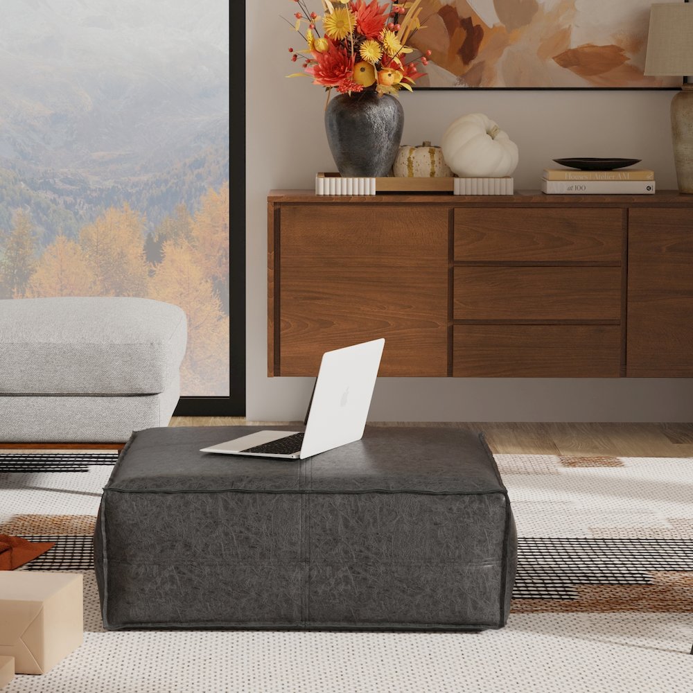 Brody Extra Large Coffee Table Pouf In Distressed Black Vegan Faux Leather. Picture 5