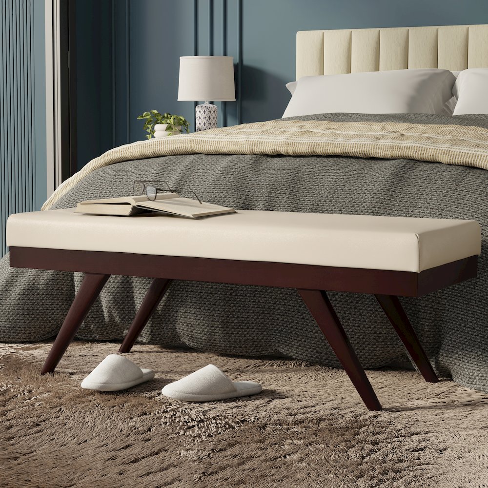 Chanelle SOLID HARDWOOD Mid Century Ottoman Bench in Satin Cream. Picture 2