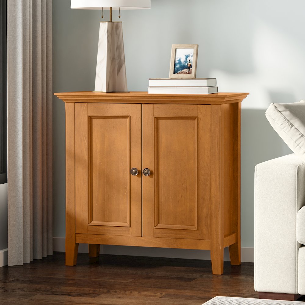 32 inch Wide Solid Wood Transitional Low Storage Cabinet in Light Golden Brown. Picture 6