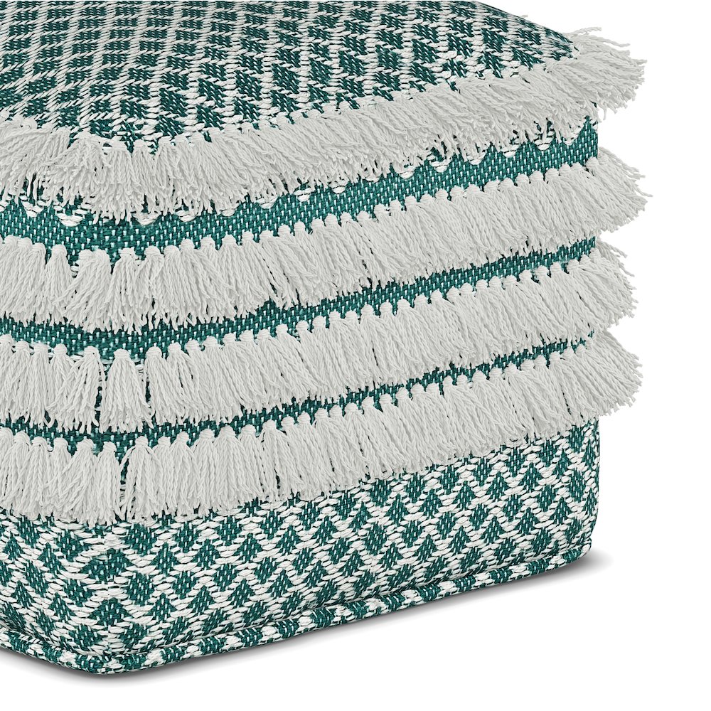 Leah Square Woven Outdoor Pouf in Turquoise and White Recycled PET Polyester. Picture 3