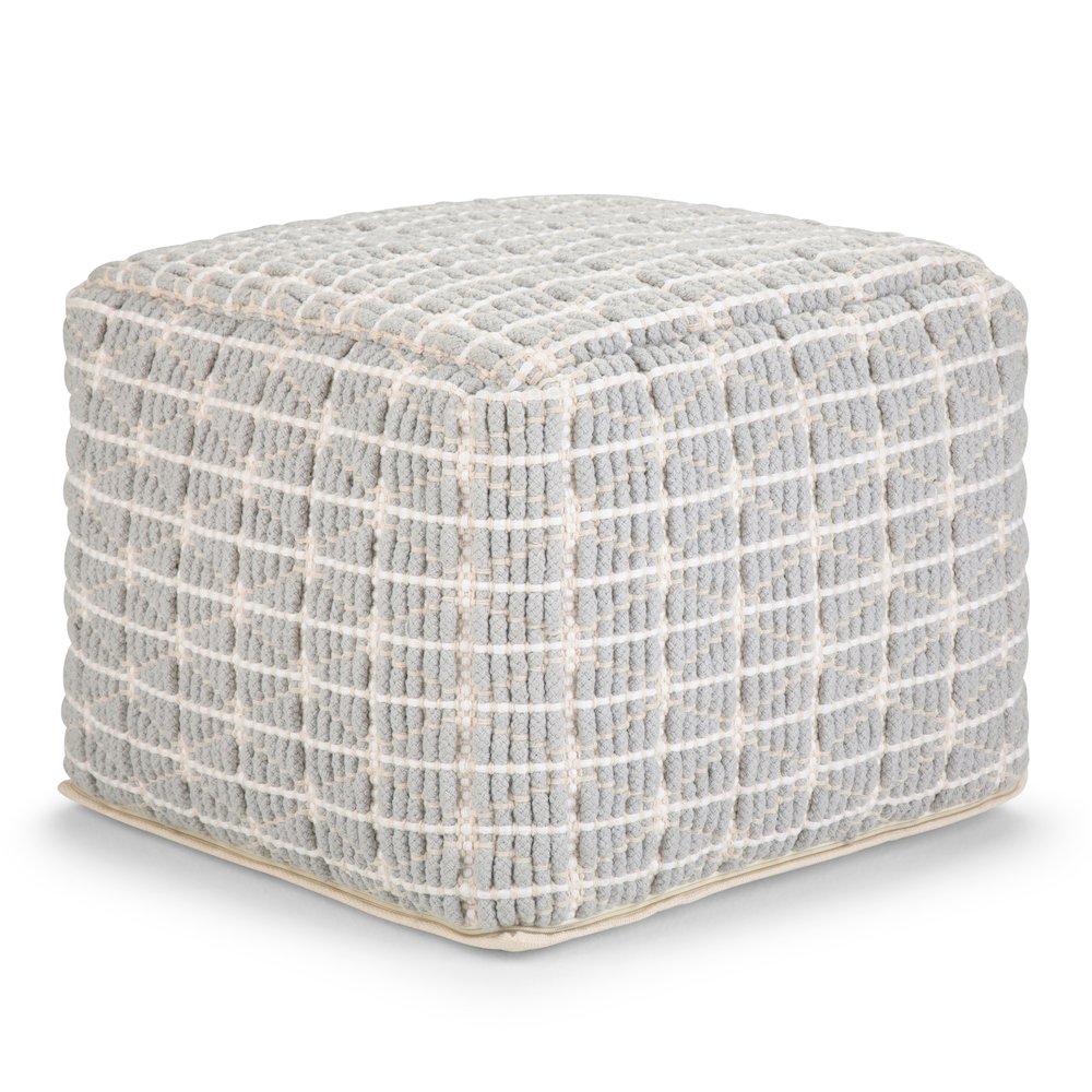 Noreen Square Pouf In Light Blue, White Handloom Woven Pattern. Picture 1