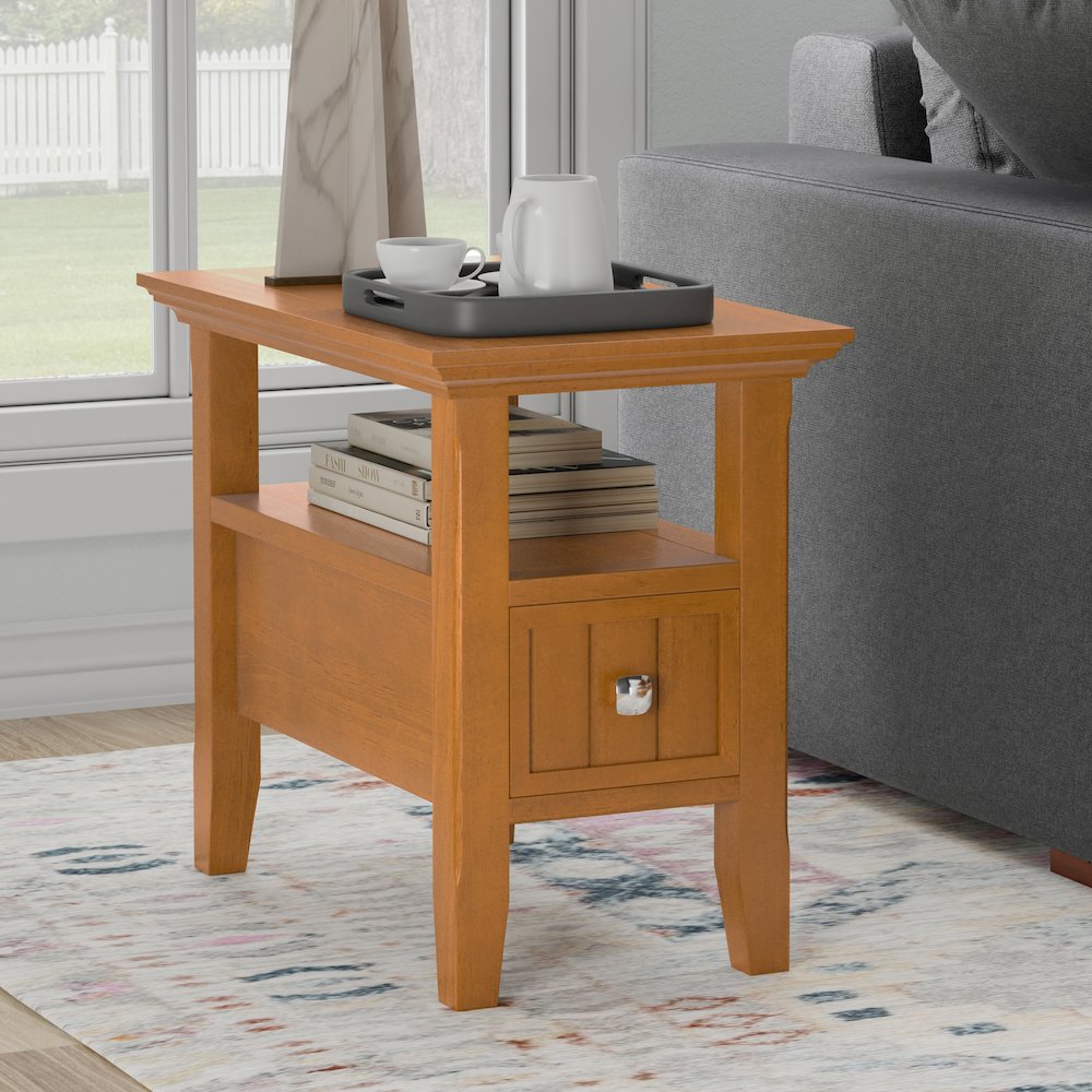 Solid Wood Transitional Narrow Side Table With Drawer In Light Golden Brown. Picture 7