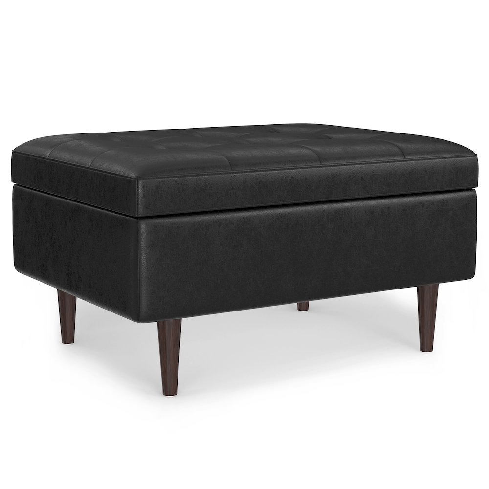 Small Coffee Table Storage Ottoman In Distressed Black Vegan Faux Leather. Picture 1
