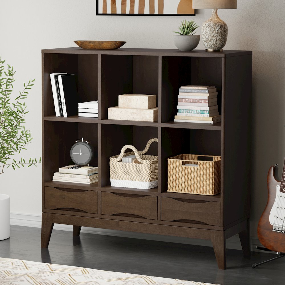 Harper SOLID HARDWOOD Low 6 Cube Storage with Drawers in Walnut Brown. Picture 2