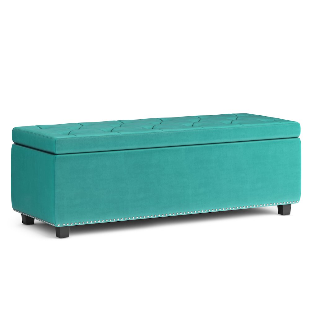 Hamilton Storage Ottoman In Aqua Blue Velvet Fabric. Picture 1