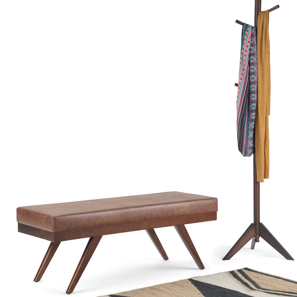 Chanelle Solid Hardwood Mid Century Ottoman Bench In Distressed Umber Brown. Picture 5