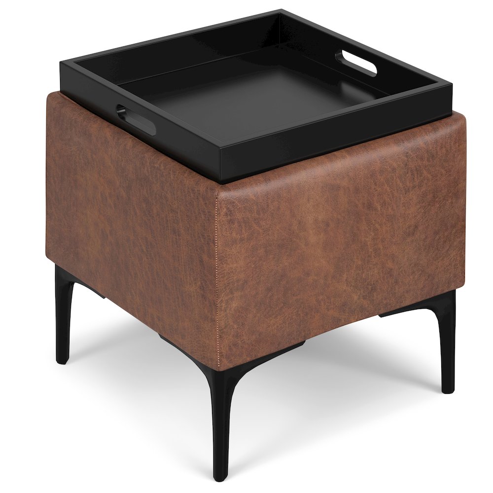 Natasha Storage Ottoman With Tray In Distressed Saddle Brown  Vegan Faux Leather. Picture 3