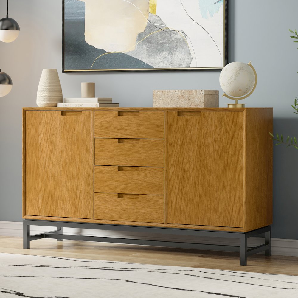 And Metal Rectangle Industrial Sideboard With Centre Drawers In Oak Veneer. Picture 7